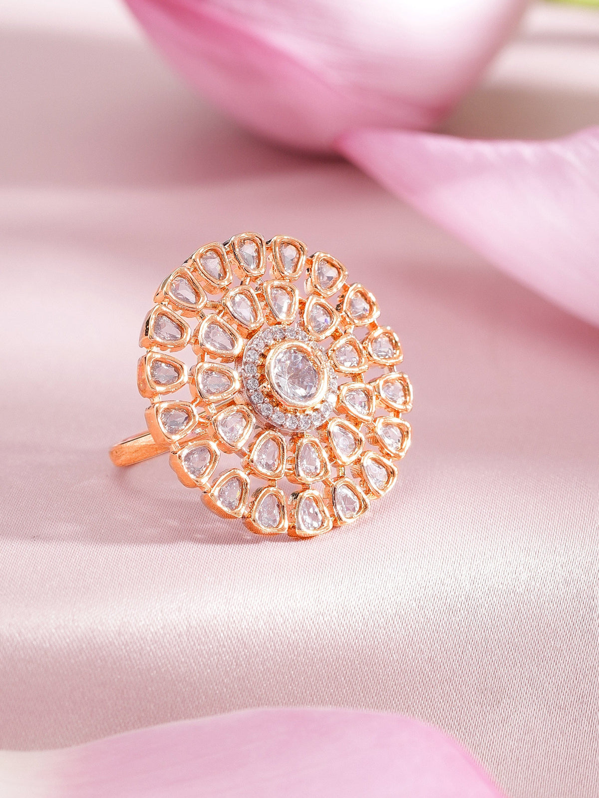 Rubans Gold Toned Zircon Stone Embellished Floral Ring Rose Gold
