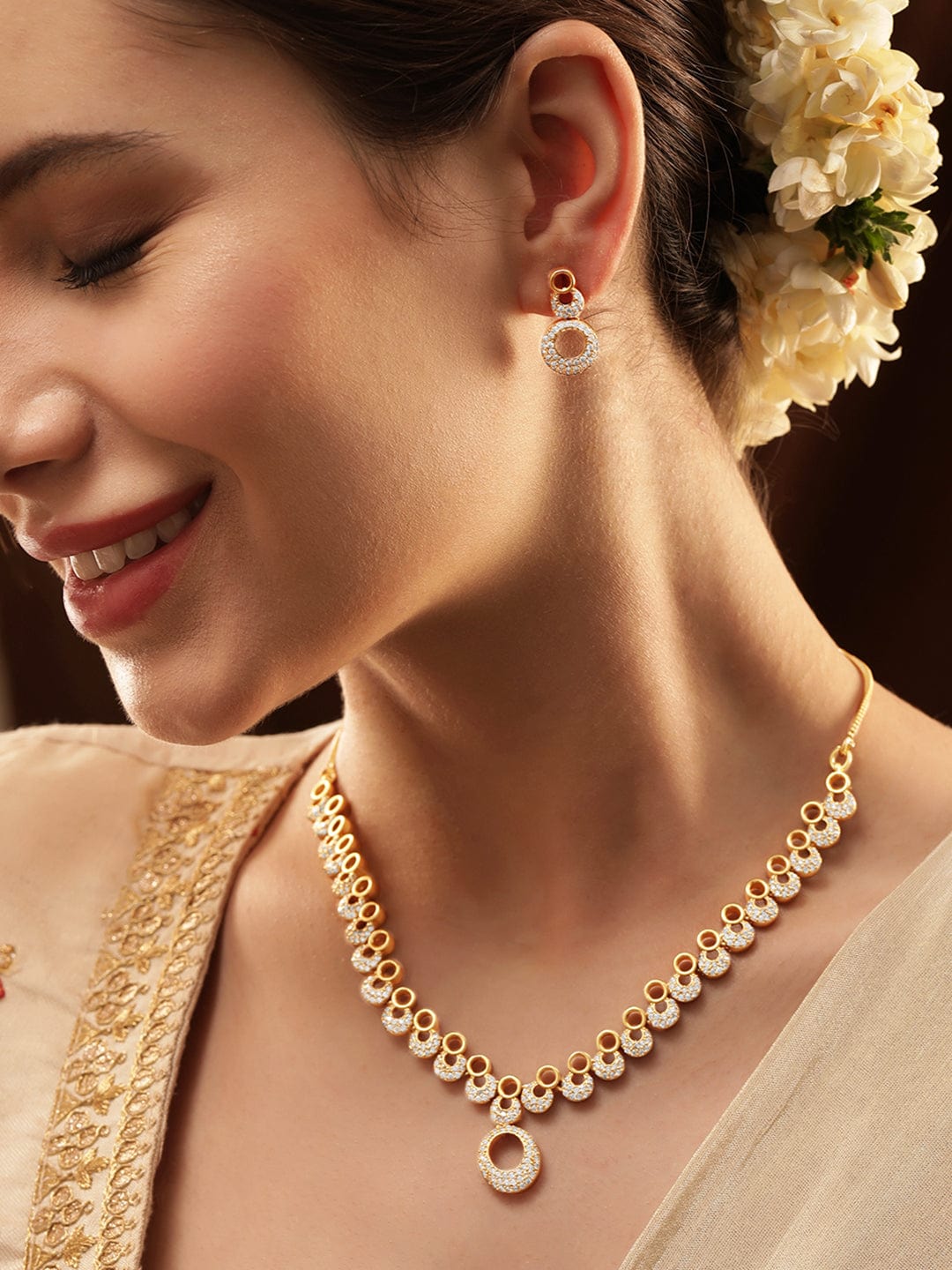 American Diamond Zirconia Circular Motif Necklace Set Gold