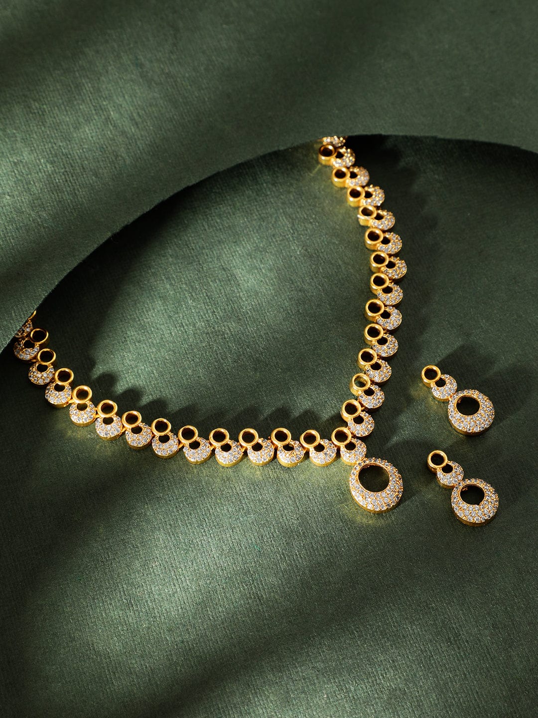 American Diamond Zirconia Circular Motif Necklace Set Gold