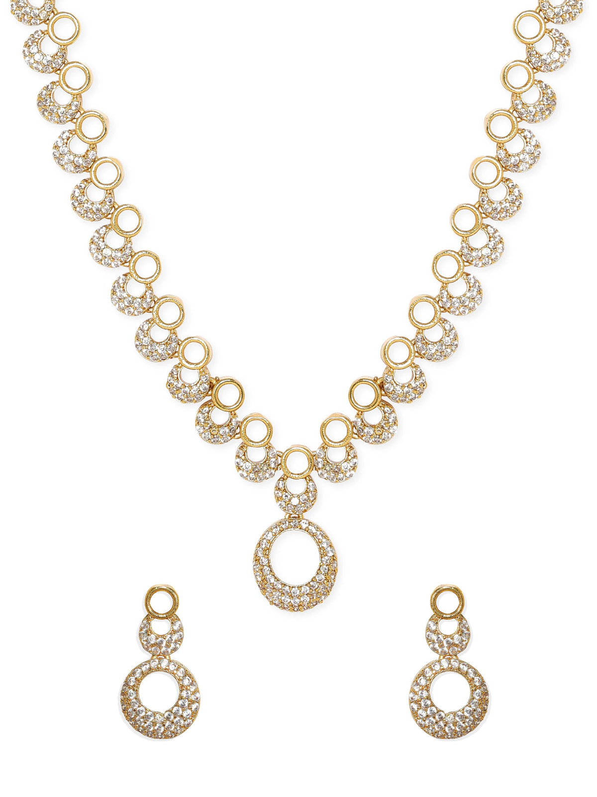 American Diamond Zirconia Circular Motif Necklace Set Gold