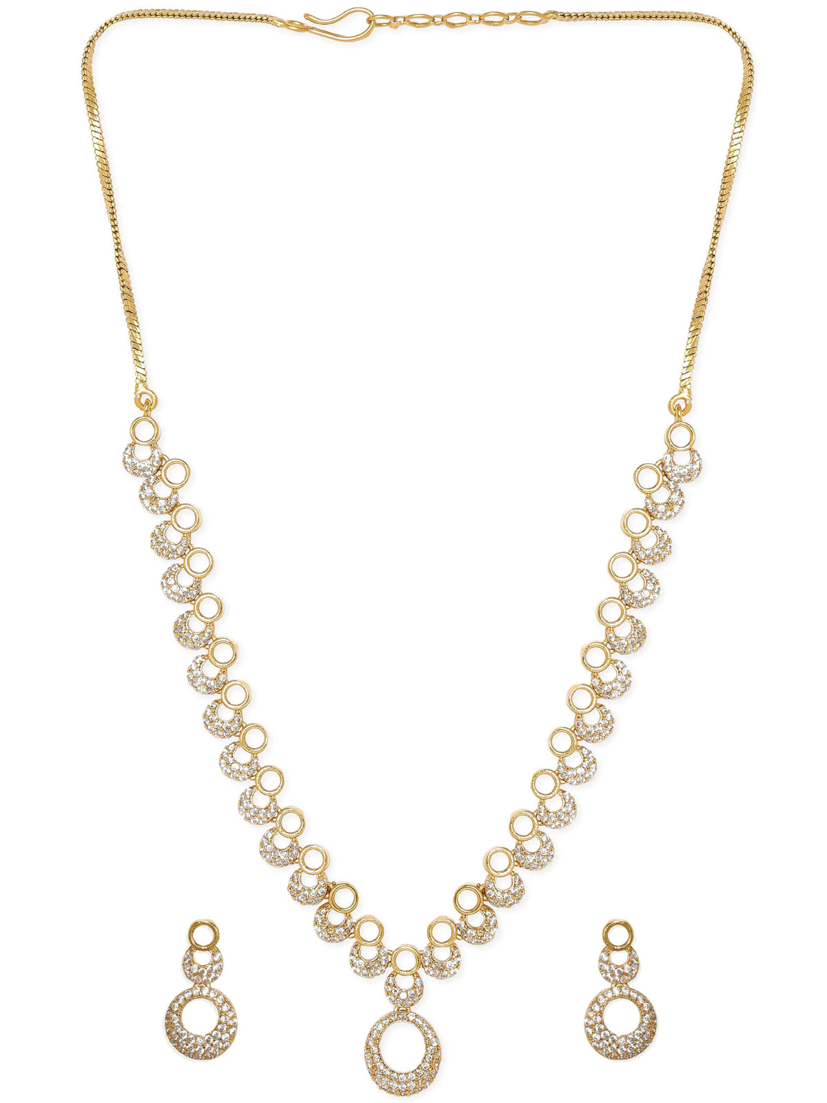 American Diamond Zirconia Circular Motif Necklace Set Gold