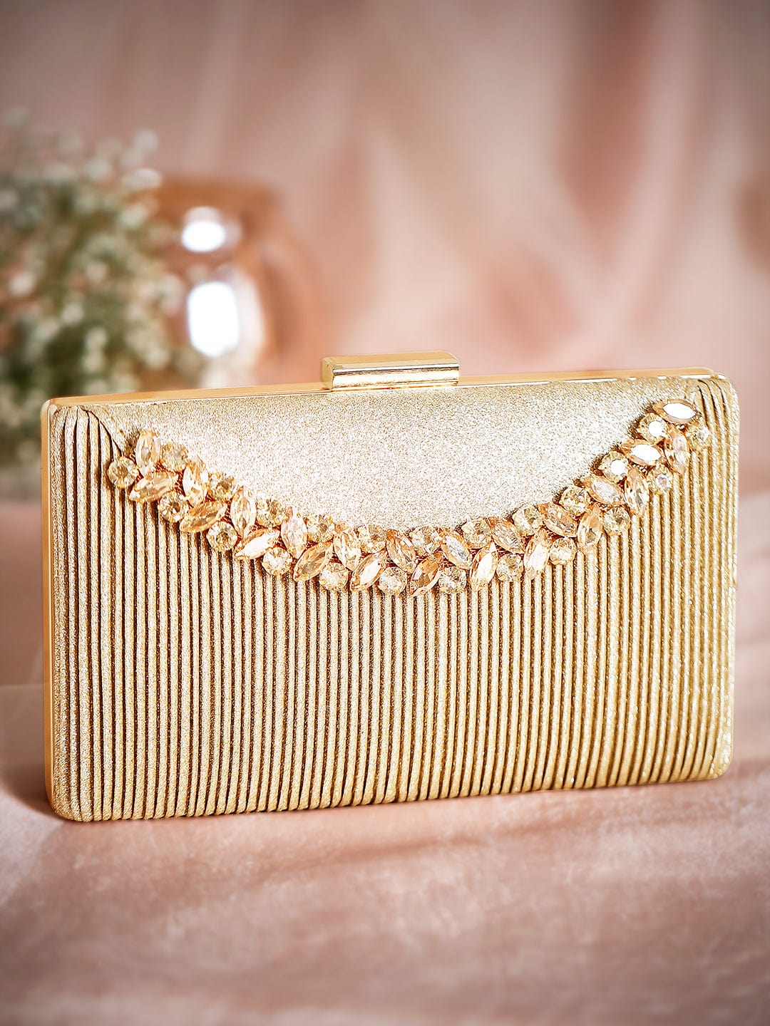 Rubans Golden-Tone Box Clutch Sling Bag Featuring American Diamonds Gold