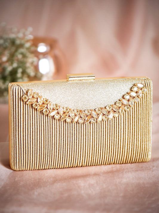 Rubans Golden-Tone Box Clutch Sling Bag Featuring American Diamonds Gold