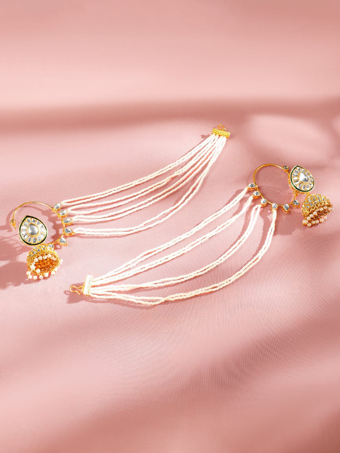 Graceful Layered Pearls & Kundan Ear Cuffs Gold