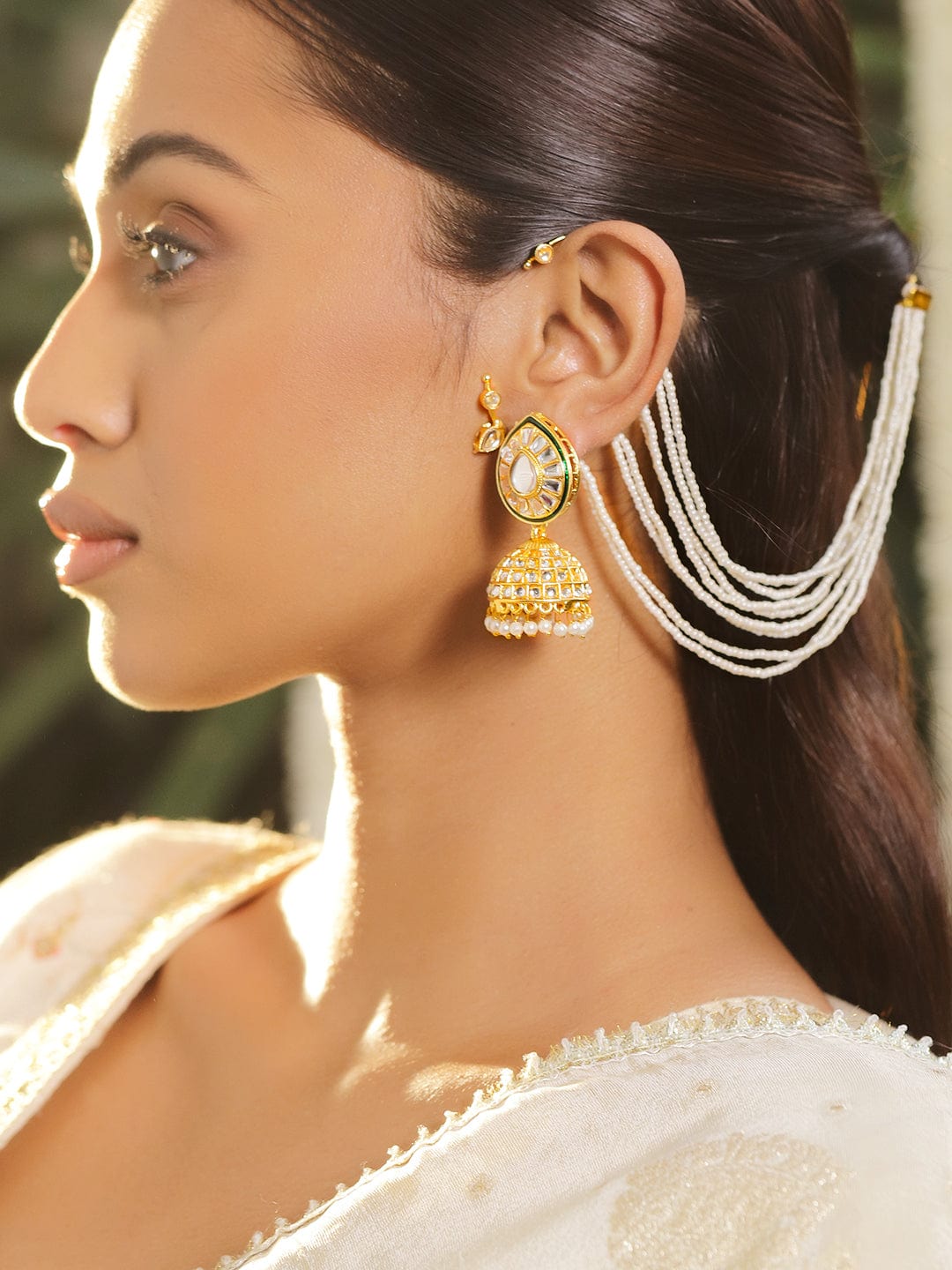 Graceful Layered Pearls & Kundan Ear Cuffs Gold
