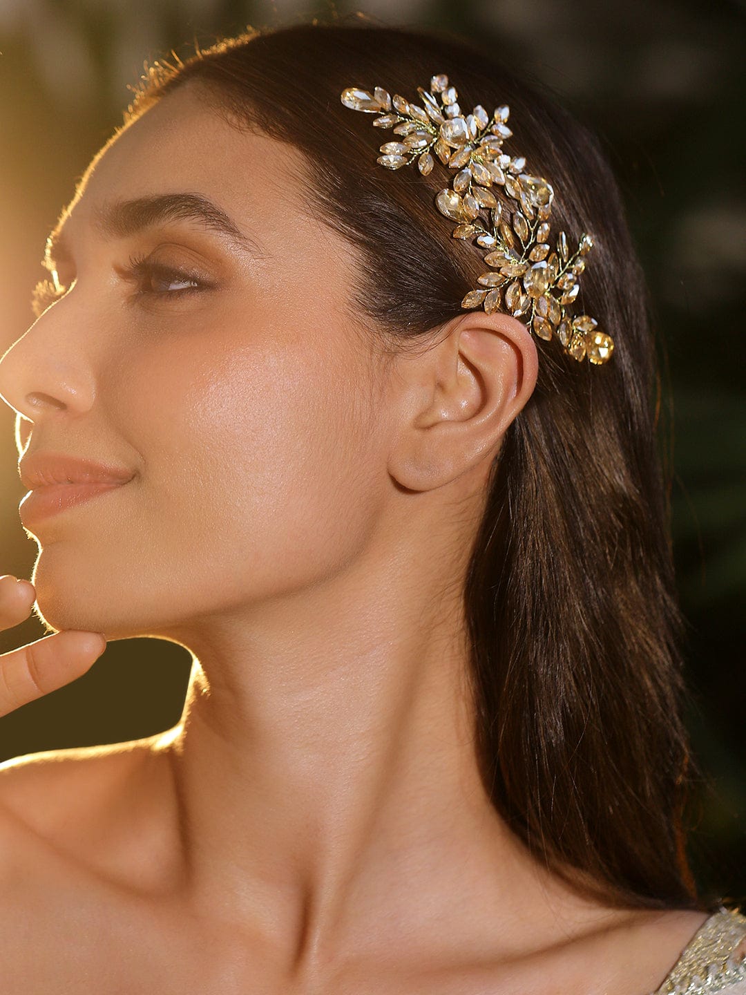 Golden Crystal Leaf Side Hair Pin - Set of 2 フリーサイズ
