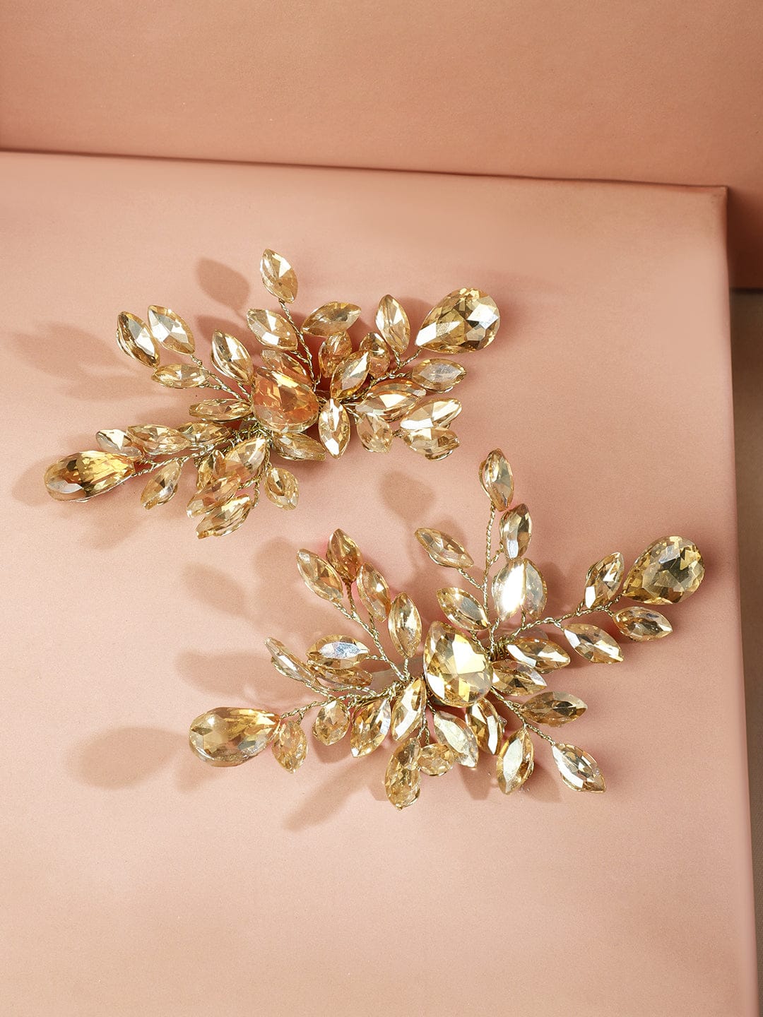 Golden Crystal Leaf Side Hair Pin - Set of 2 フリーサイズ
