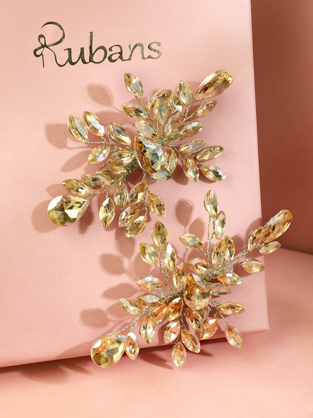 Golden Crystal Leaf Side Hair Pin - Set of 2 フリーサイズ
