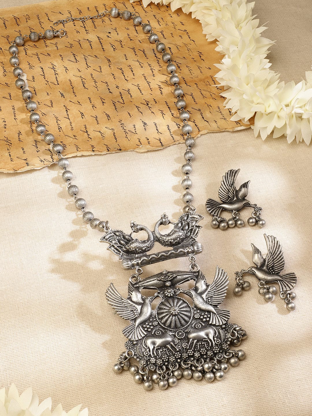 Oxidised Bird and Deer Motif Necklace Set フリーサイズ