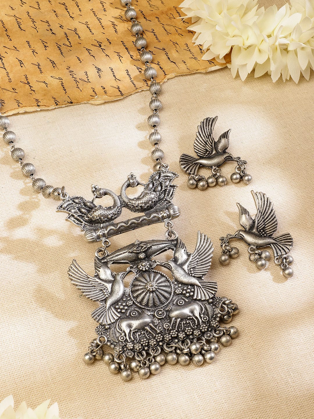 Oxidised Bird and Deer Motif Necklace Set フリーサイズ