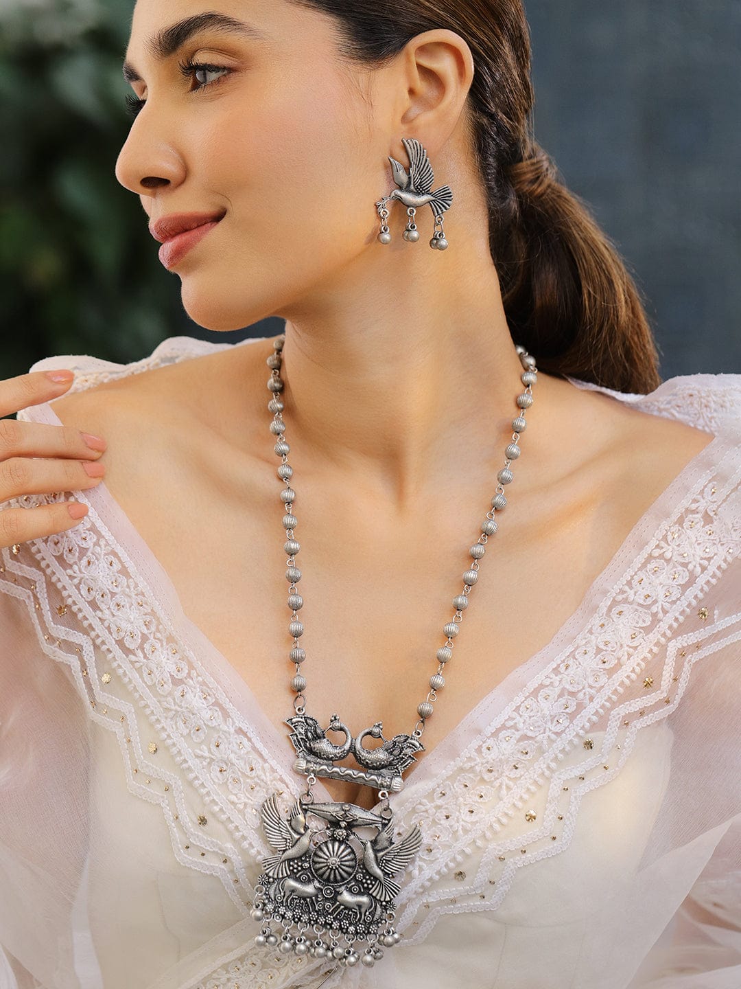 Oxidised Bird and Deer Motif Necklace Set フリーサイズ