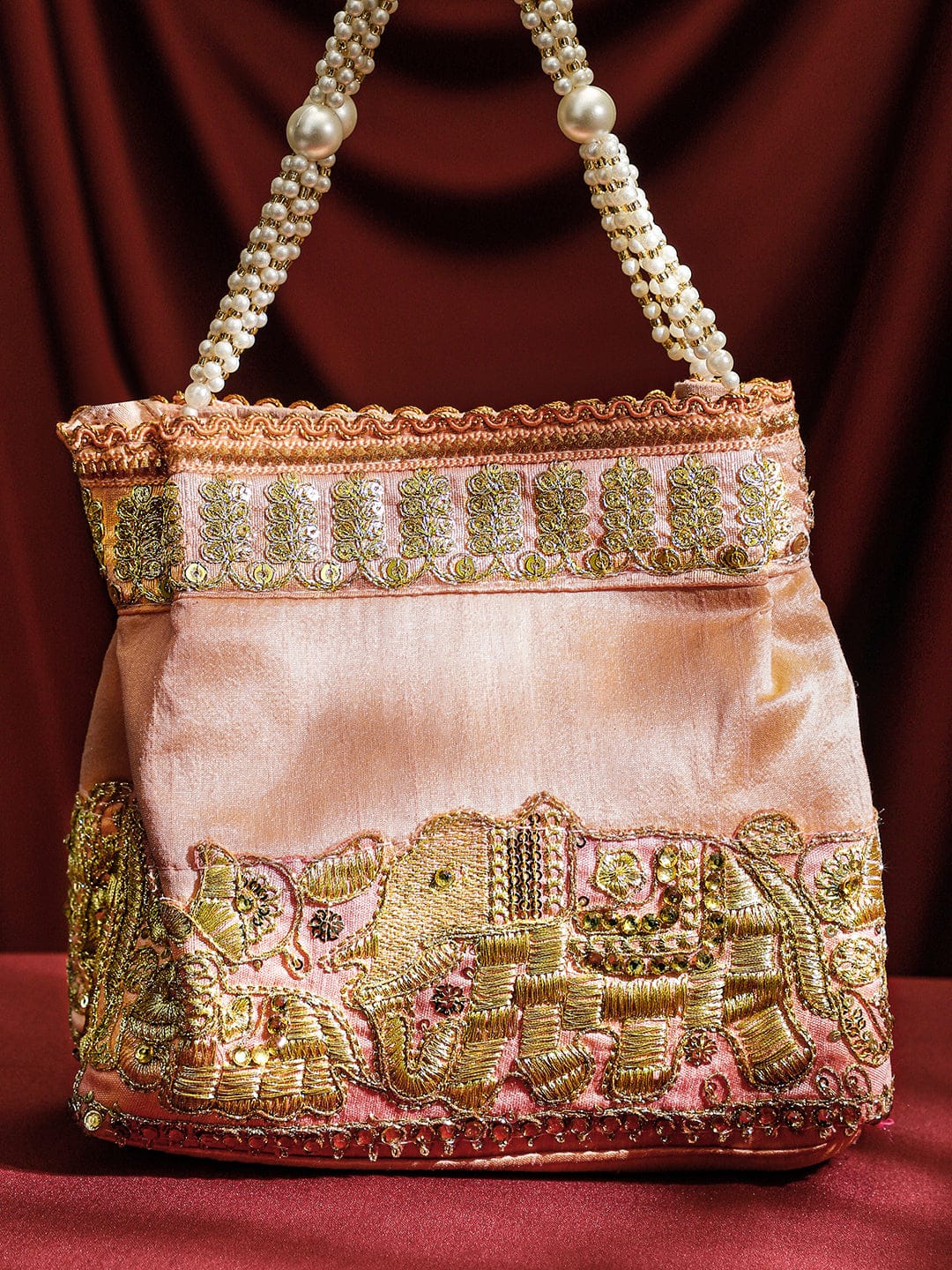 Rubans Handcrafted Peach Pink Silk Potli Bag with Pearl Handle & Gold Embroidered Elephant Motif フリーサイズ