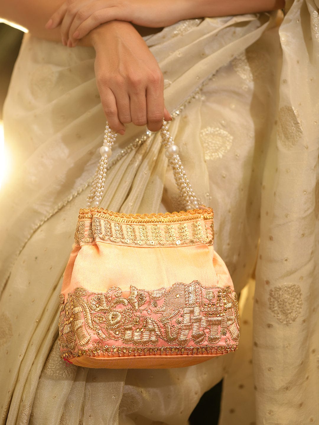 Rubans Handcrafted Peach Pink Silk Potli Bag with Pearl Handle & Gold Embroidered Elephant Motif フリーサイズ