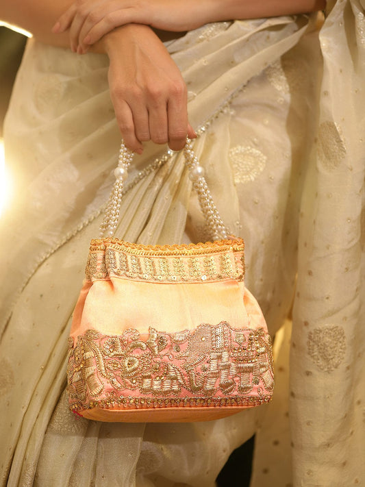 Rubans Handcrafted Peach Pink Silk Potli Bag with Pearl Handle & Gold Embroidered Elephant Motif フリーサイズ