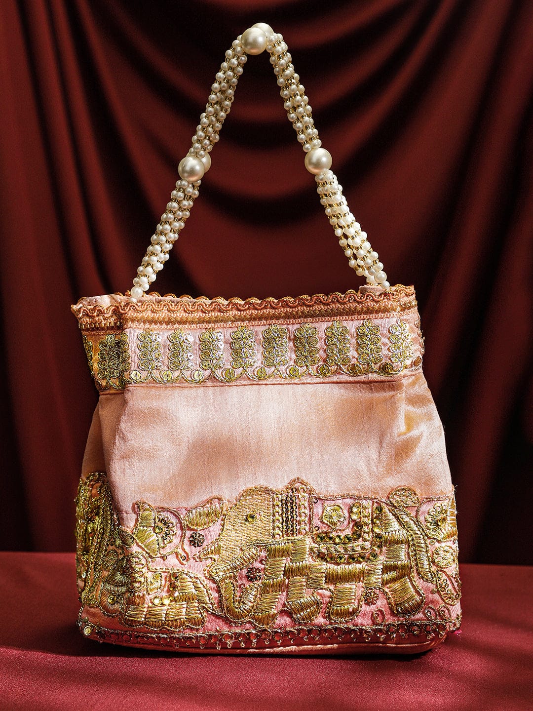 Rubans Handcrafted Peach Pink Silk Potli Bag with Pearl Handle & Gold Embroidered Elephant Motif フリーサイズ