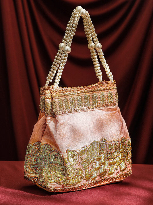 Rubans Handcrafted Peach Pink Silk Potli Bag with Pearl Handle & Gold Embroidered Elephant Motif フリーサイズ