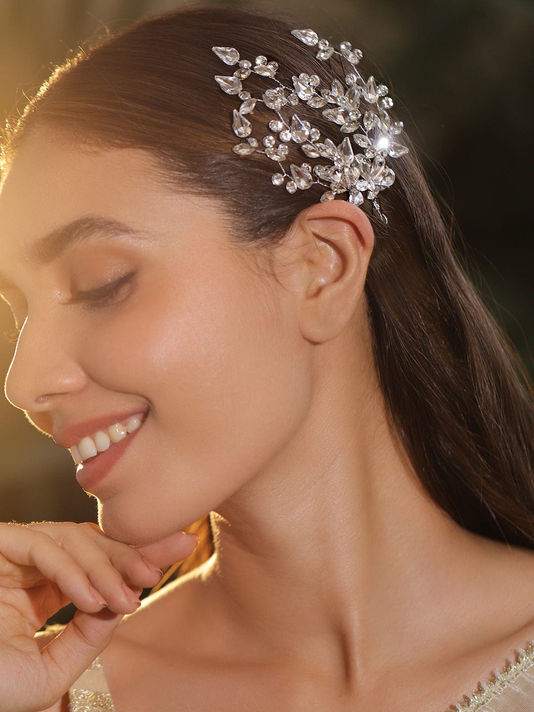 Silver Floral Crystal Side Hair Clip フリーサイズ