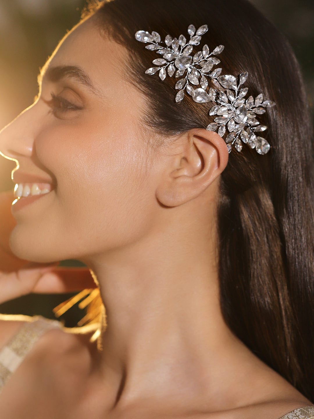 White crystal leaf side hair clip - Set of 2 フリーサイズ