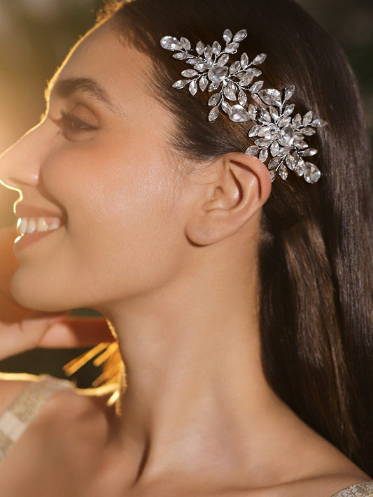White crystal leaf side hair clip - Set of 2 フリーサイズ