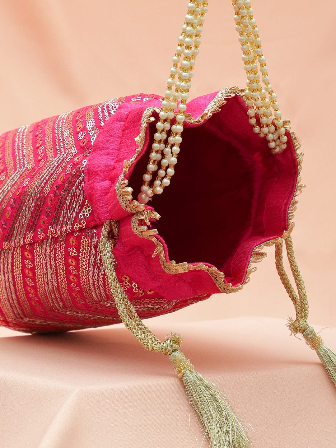 Rubans Hot Pink Sequin Embroidered Festive Potli Bag with Pearl Beaded Handle & Golden Tassels フリーサイズ