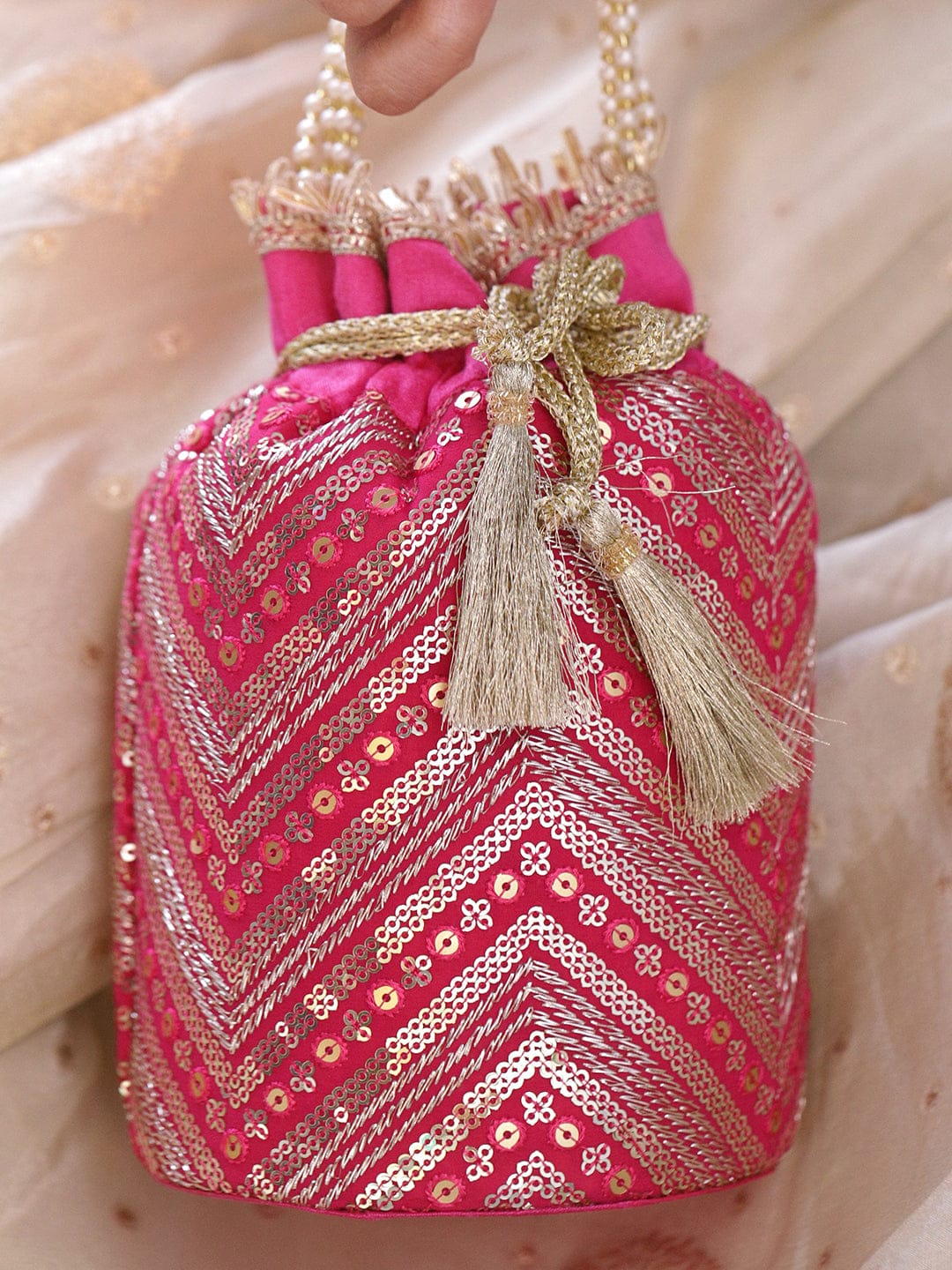 Rubans Hot Pink Sequin Embroidered Festive Potli Bag with Pearl Beaded Handle & Golden Tassels フリーサイズ