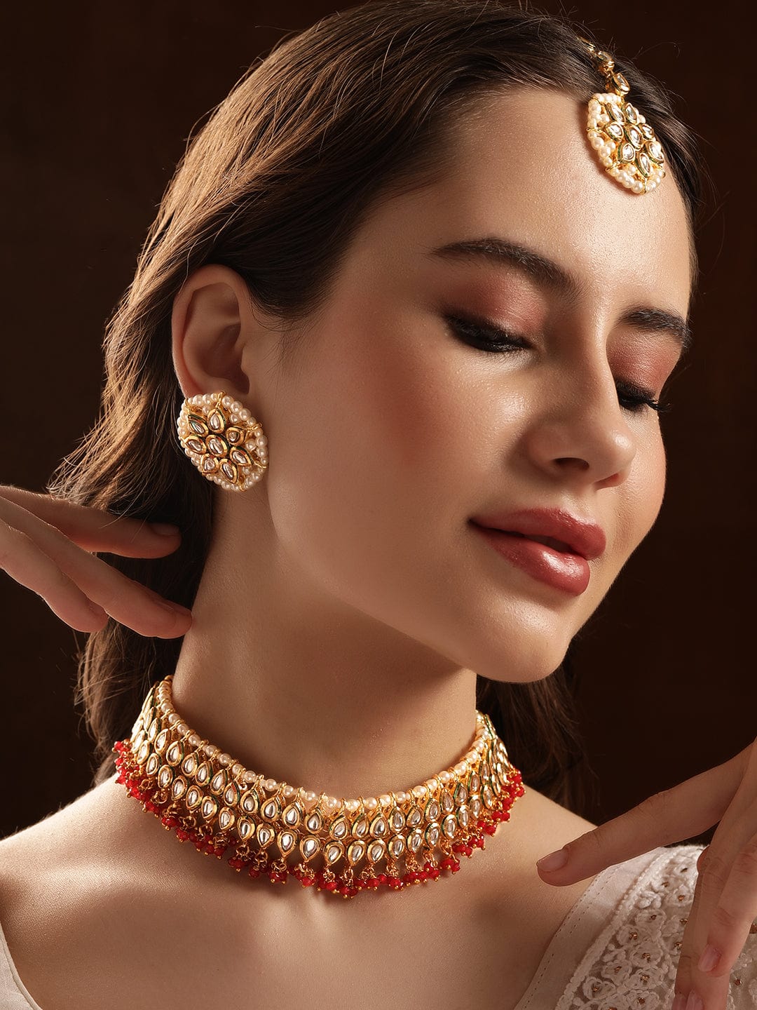 Dazzling Red Drops Kundan Choker Set Gold::Red