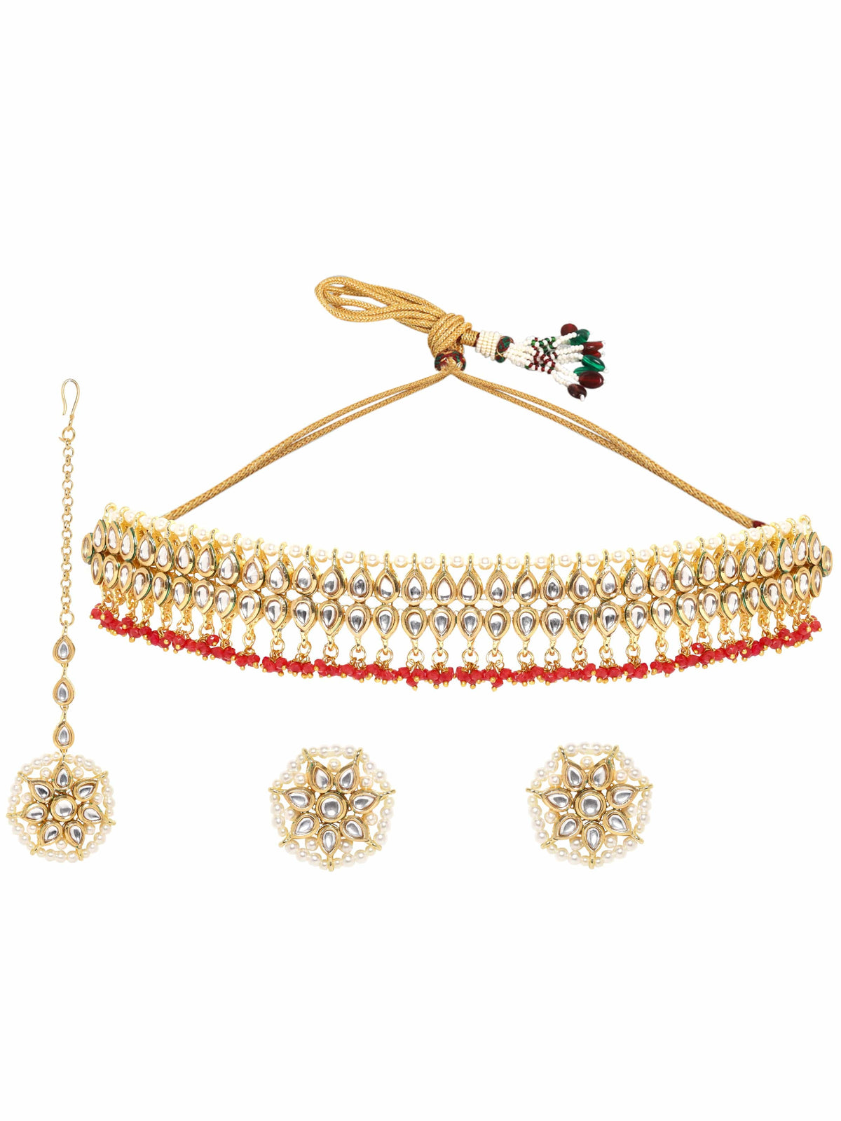 Dazzling Red Drops Kundan Choker Set Gold::Red