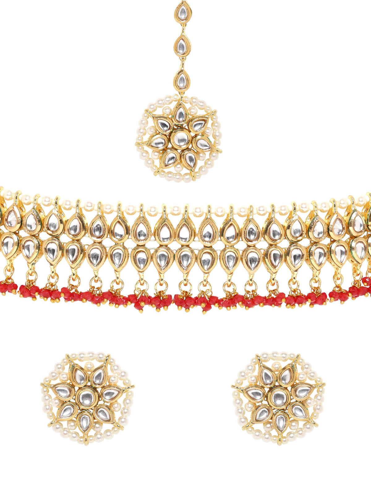 Dazzling Red Drops Kundan Choker Set Gold::Red