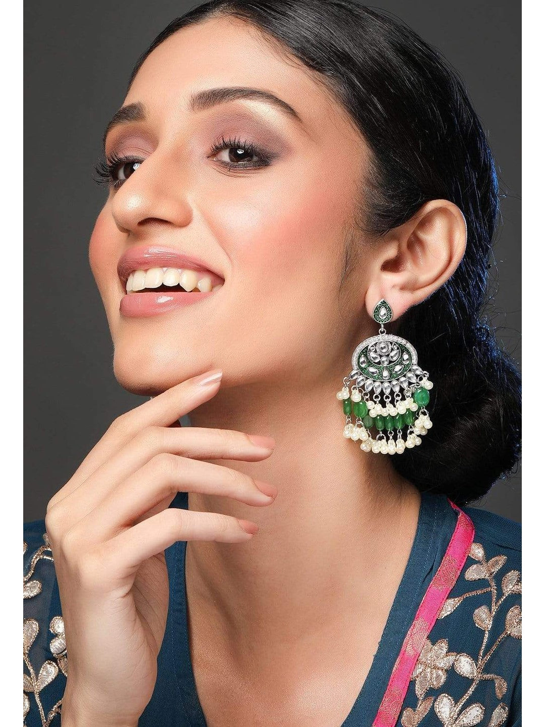 Rubans Kundan Green Enamel with Beads Silver Plated Hancrafted Chandbali Earrings Green