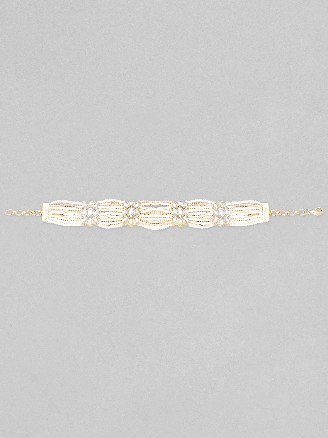 Rubans Kundan Studded Pearl Beaded Gold-Plated Multistrand Bracelet Gold::White