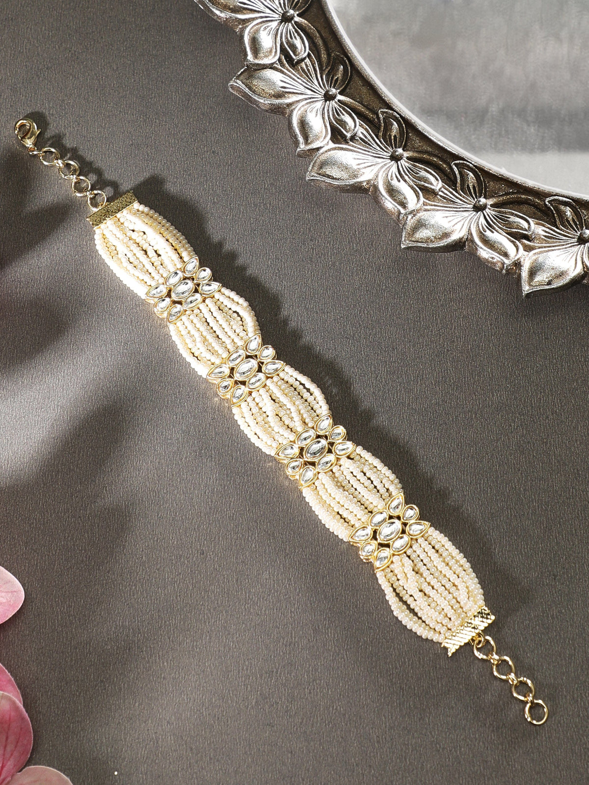 Rubans Kundan Studded Pearl Beaded Gold-Plated Multistrand Bracelet Gold::White