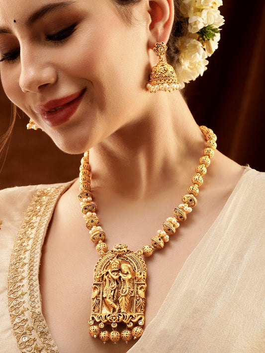 Enchanting Radha Krishna Temple Necklace Set Gold