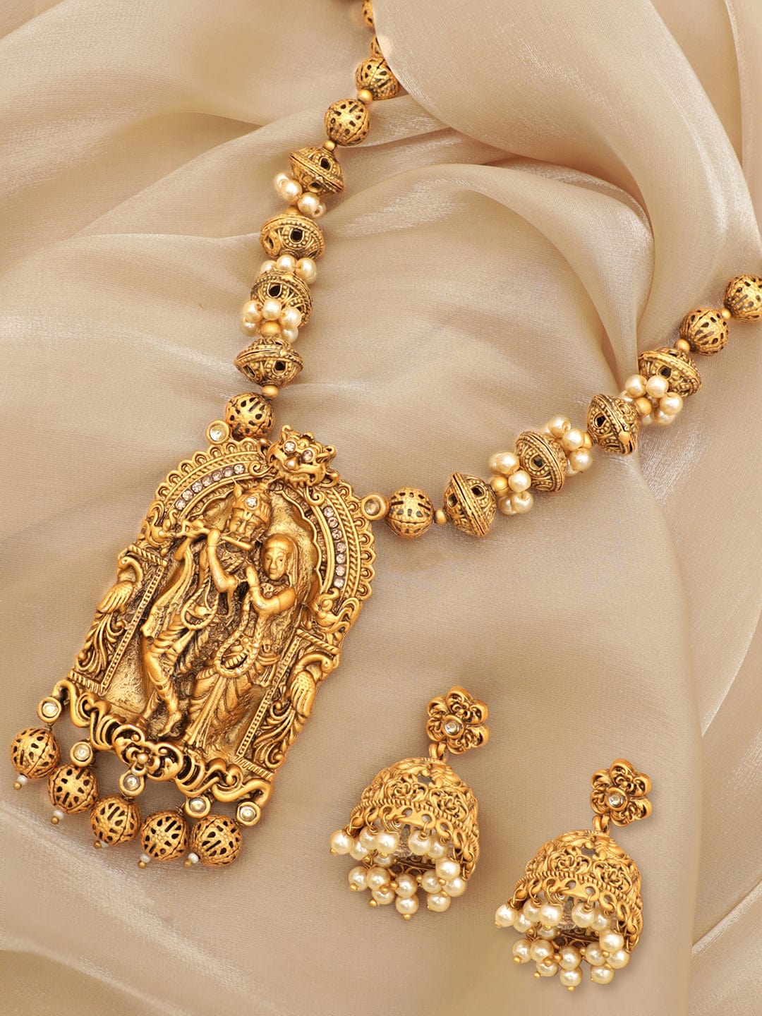 Enchanting Radha Krishna Temple Necklace Set Gold