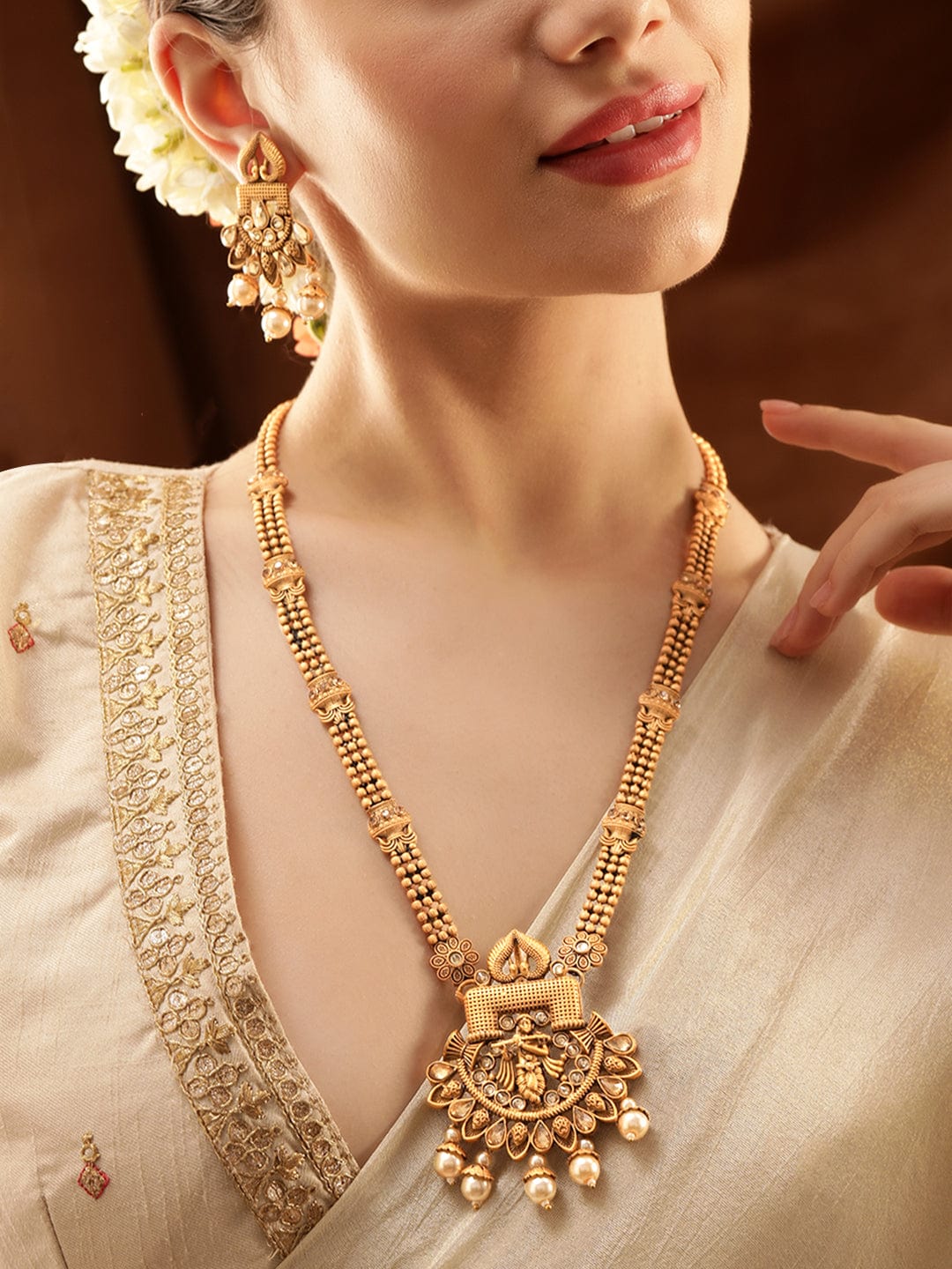 Long Pearl Drop Necklace Set with Krishna Motif Gold