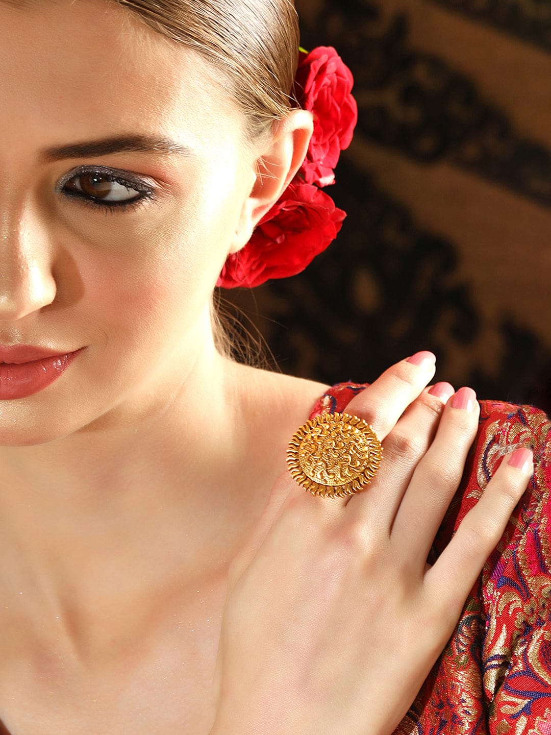 Rubans Luxury 22K Pure Gold Plated Finely Detailed Temple Statement Ring. Gold