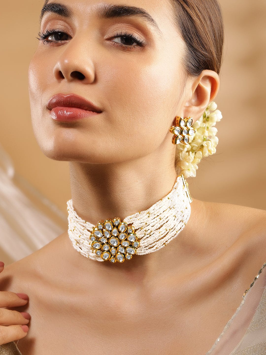 Rubans Luxury 24K Gold Plated Handcrafted Kundan & White Pearls Choker Set White