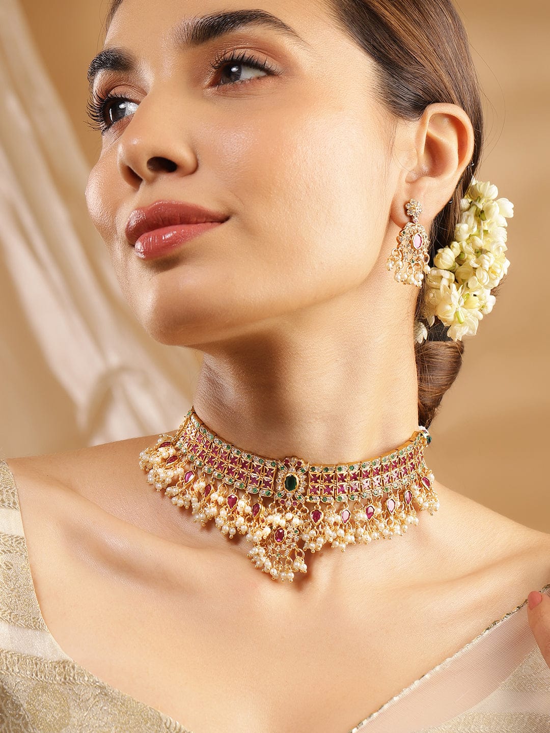 Rubans Luxury 24K Gold Plated Handcrafted Ruby stone & Gold Pearls Studded Choker Set Multicolor