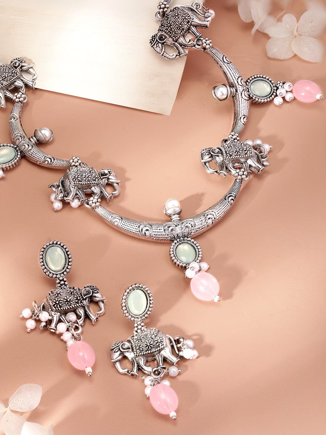 Elephant Motif Pink & Green Necklace Set Silver::Pink