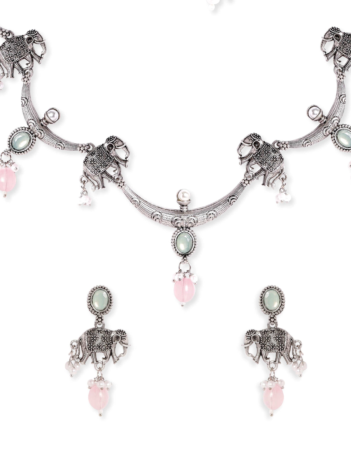 Elephant Motif Pink & Green Necklace Set Silver::Pink