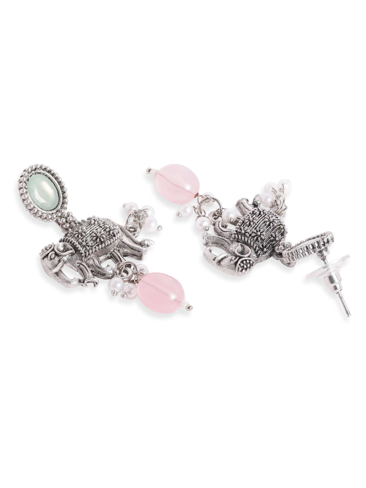 Elephant Motif Pink & Green Necklace Set Silver::Pink