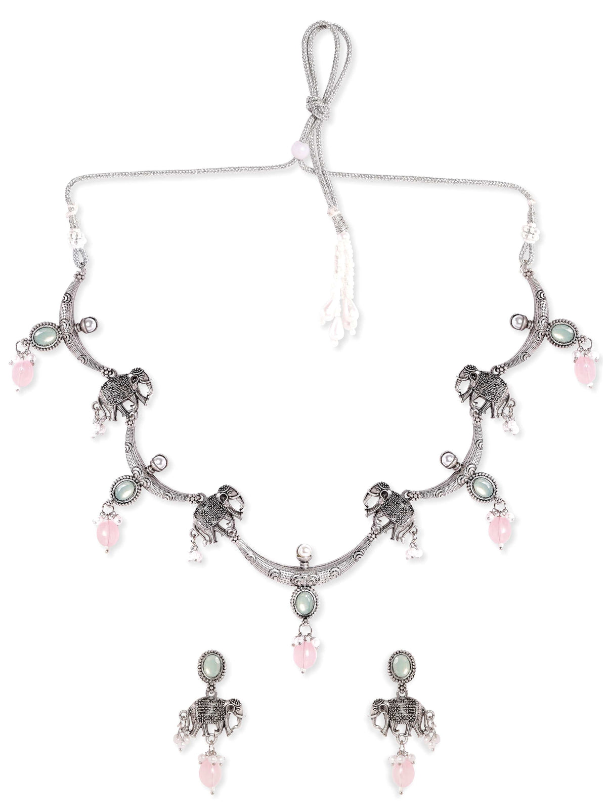 Elephant Motif Pink & Green Necklace Set Silver::Pink