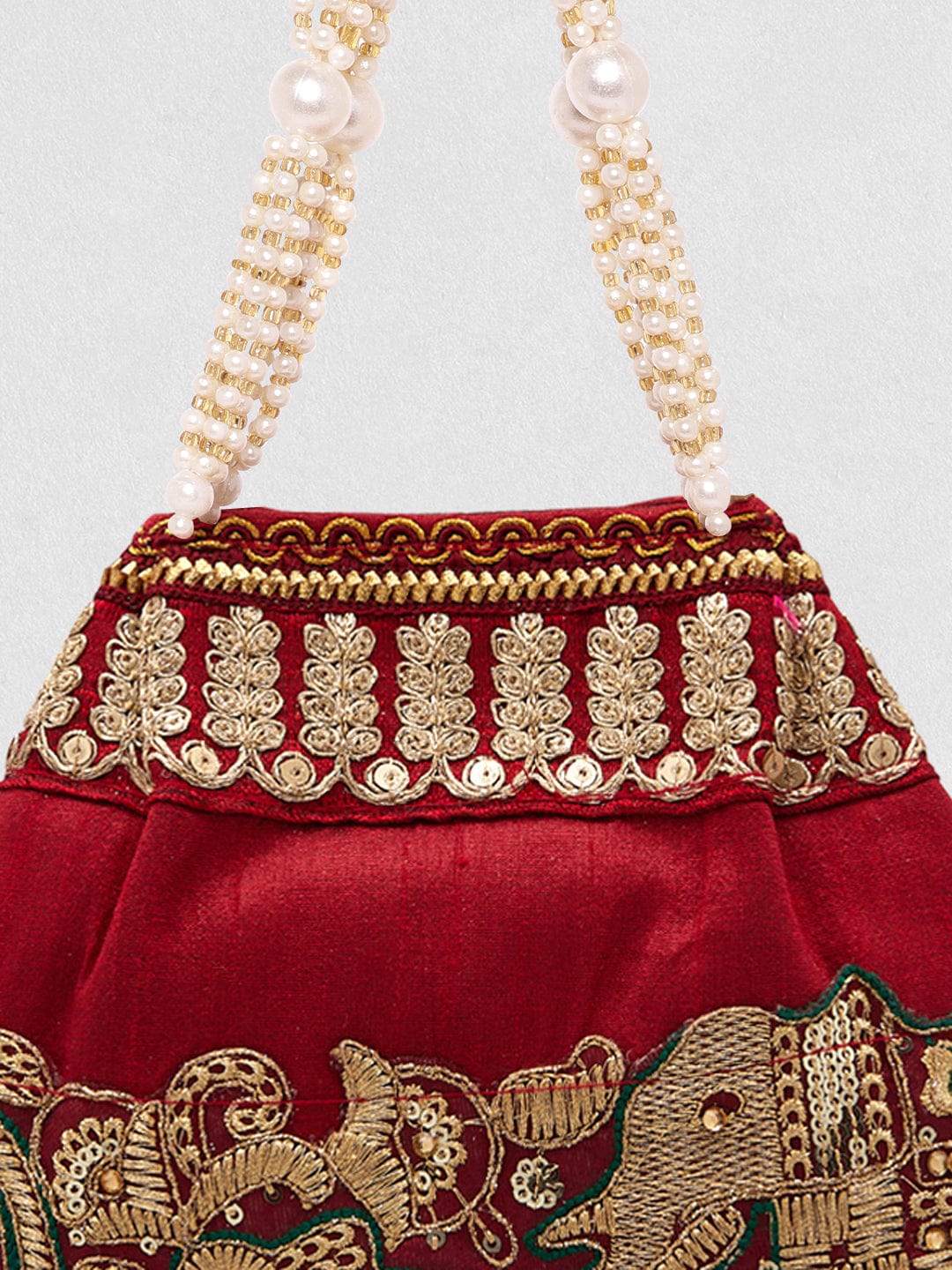 Rubans Maroon Coloured Potli Handbag With Silver Embroidery And Pearls Maroon