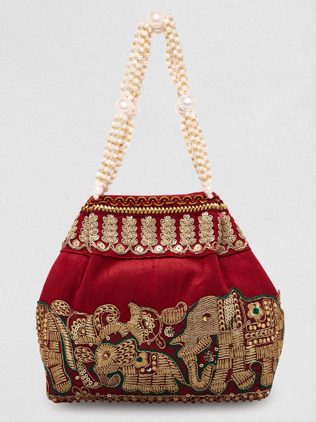 Rubans Maroon Coloured Potli Handbag With Silver Embroidery And Pearls Maroon