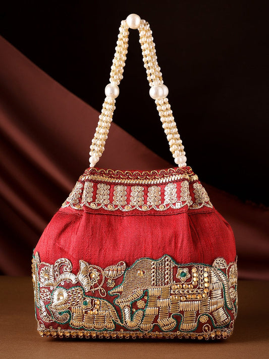 Rubans Maroon Coloured Potli Handbag With Silver Embroidery And Pearls Maroon