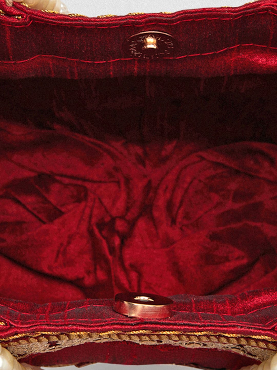 Rubans Maroon Coloured Potli Handbag With Silver Embroidery And Pearls Maroon
