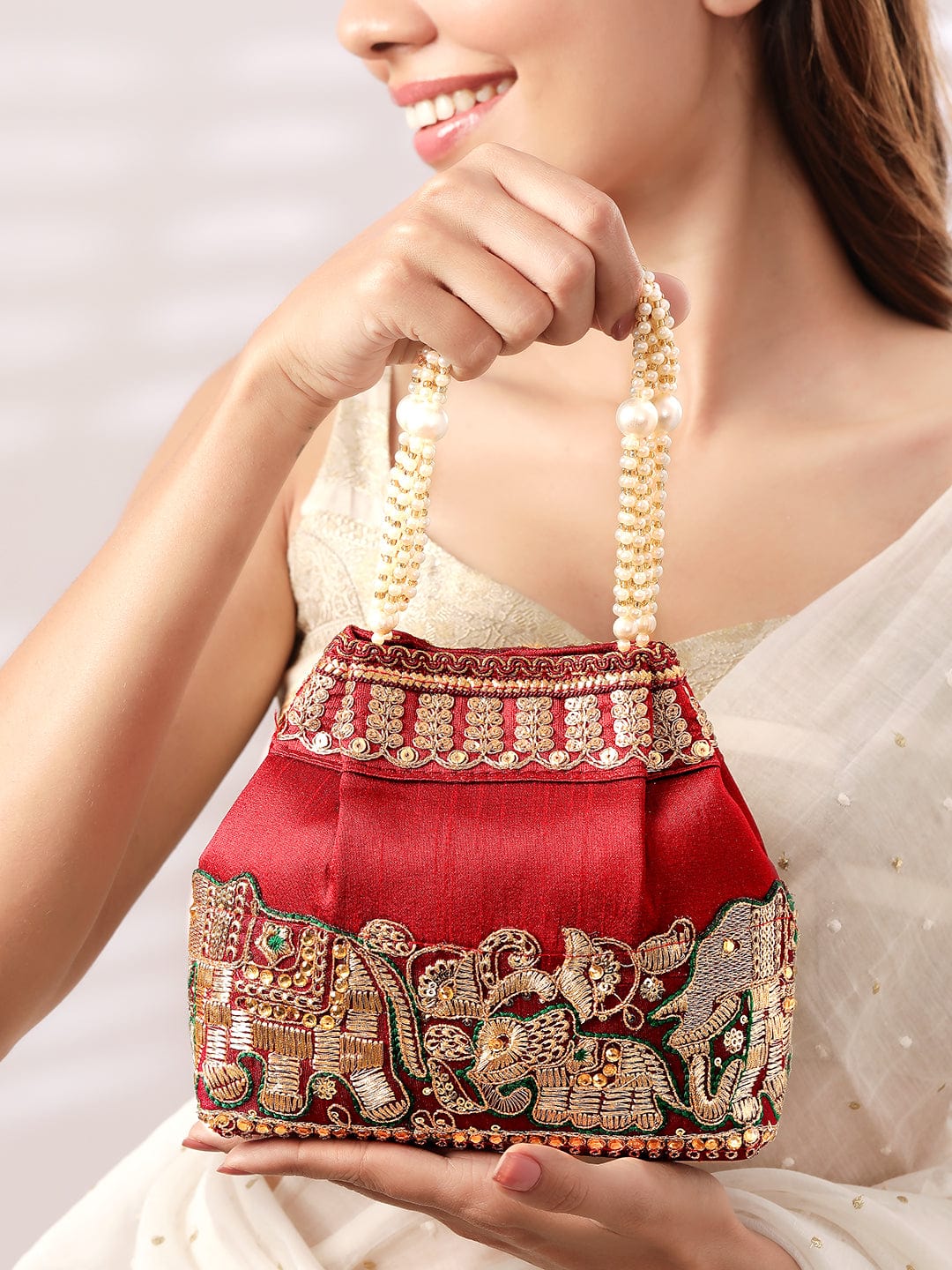 Rubans Maroon Coloured Potli Handbag With Silver Embroidery And Pearls Maroon