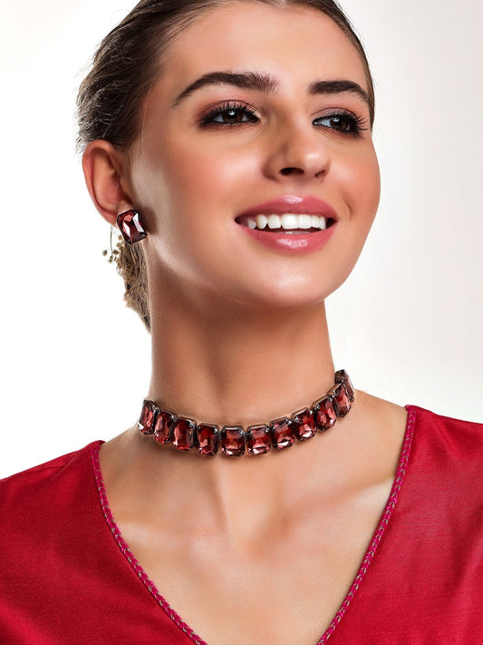 Red Crystal Party Choker Set Maroon