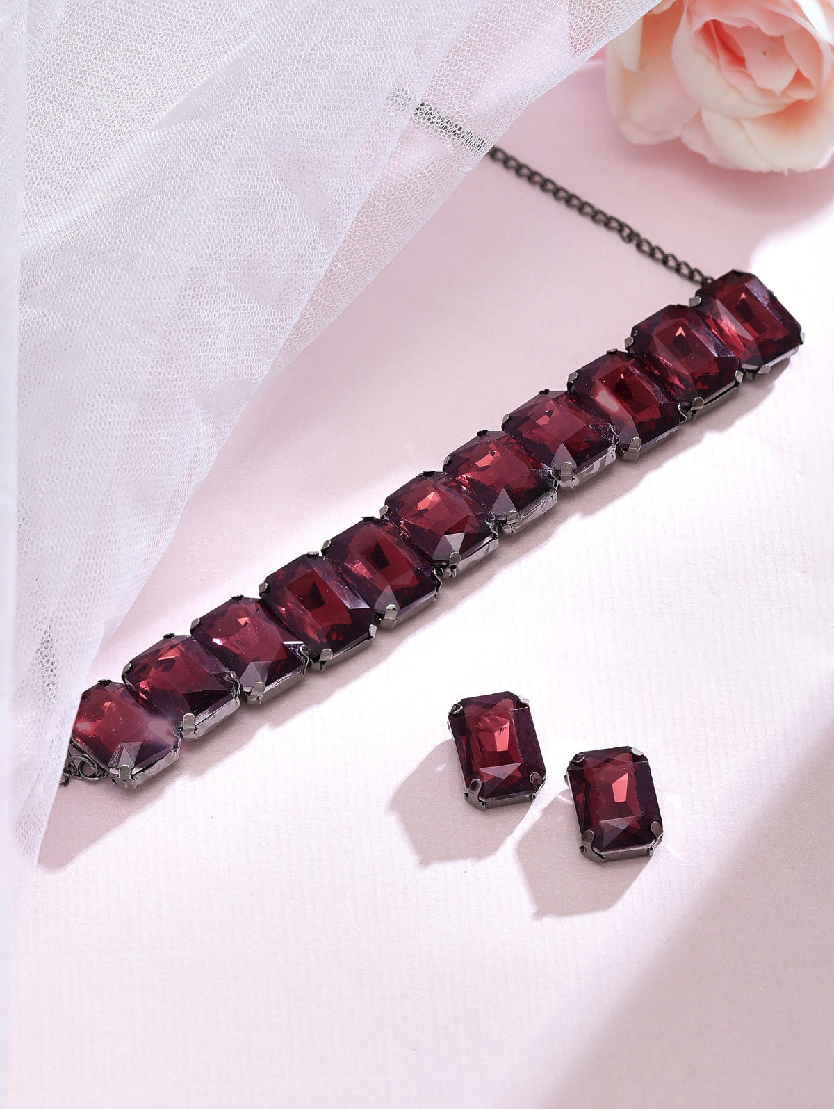 Red Crystal Party Choker Set Maroon