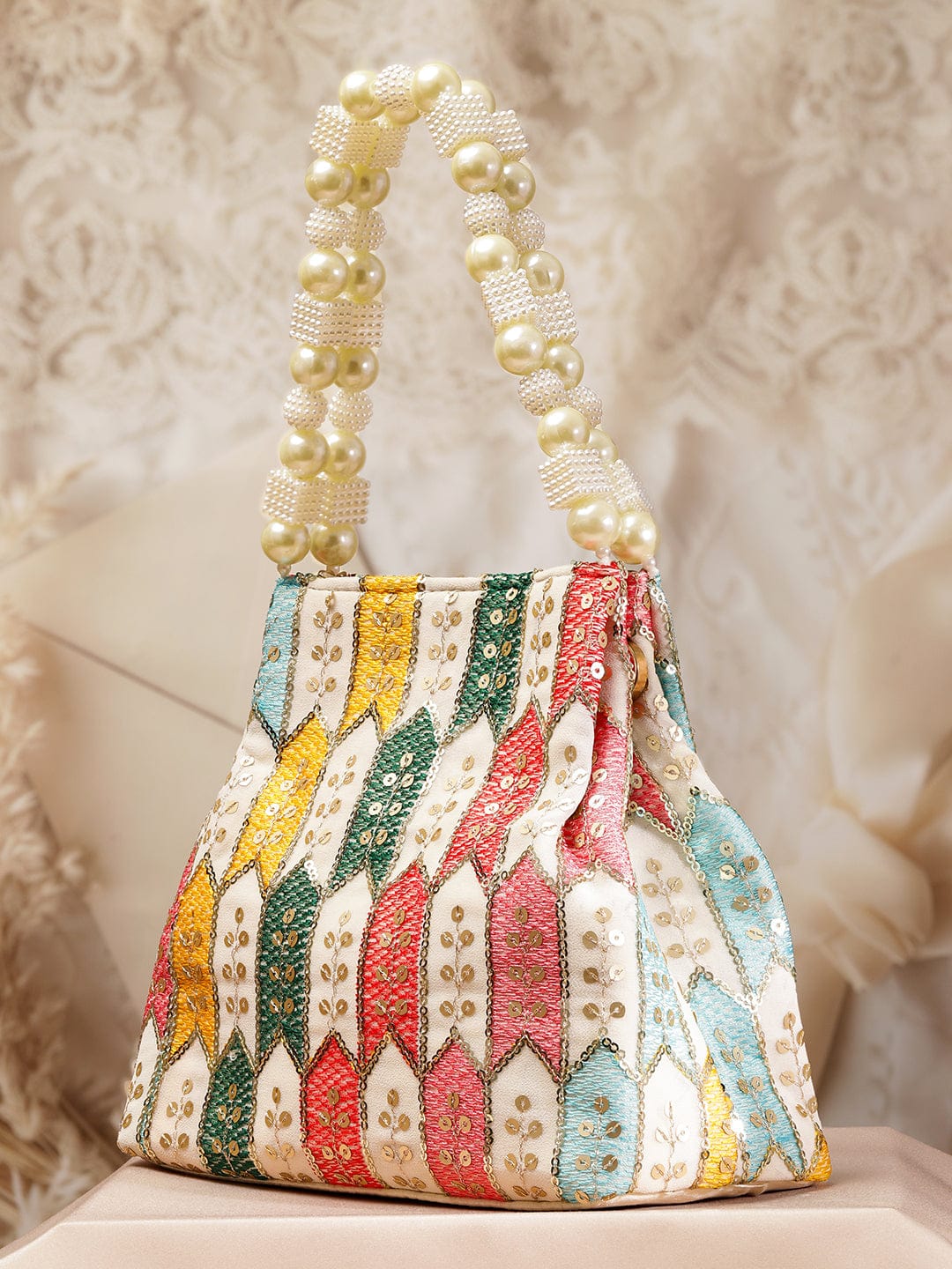 Rubans Multicolour Embroidered Potli Bag with Pearl Beaded Handle on Cream Base フリーサイズ