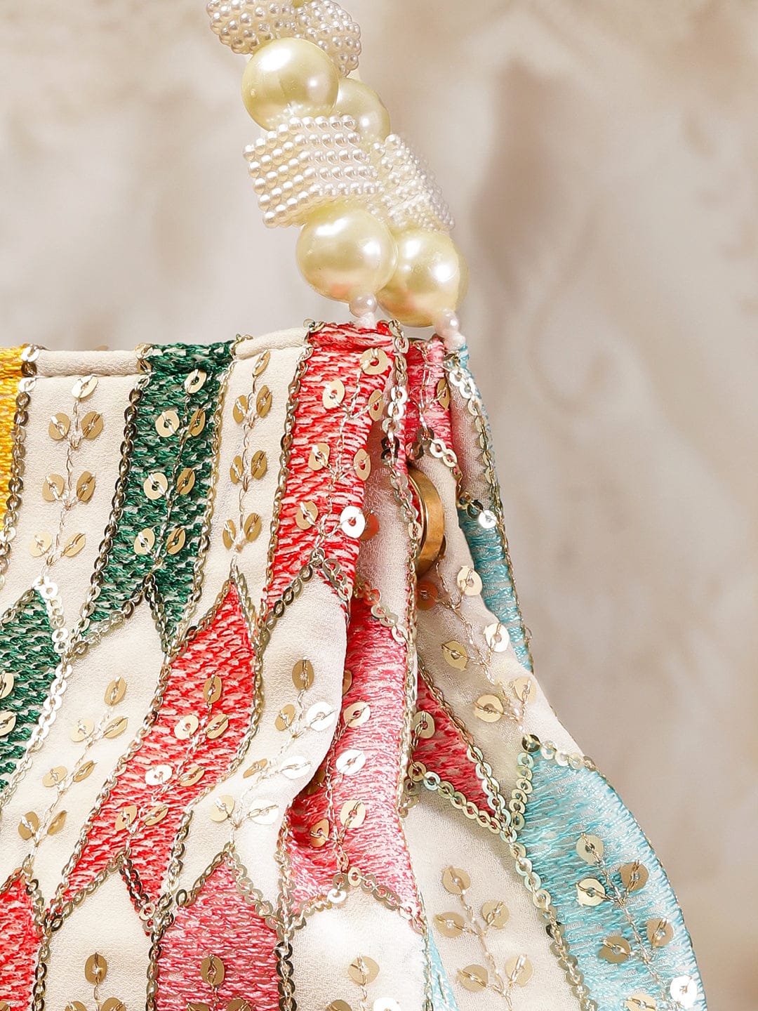 Rubans Multicolour Embroidered Potli Bag with Pearl Beaded Handle on Cream Base フリーサイズ